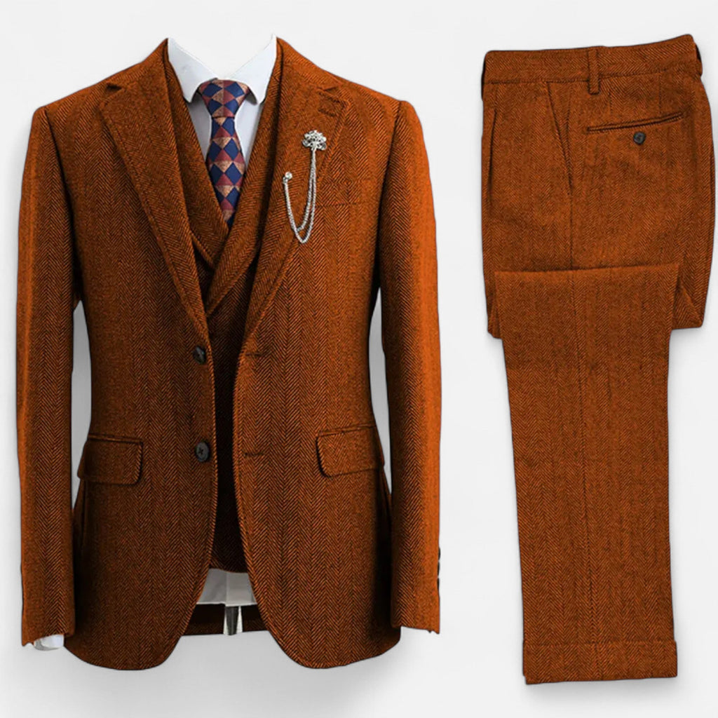 Costume trois pièces en tweed chevron élégant et raffiné pour homme