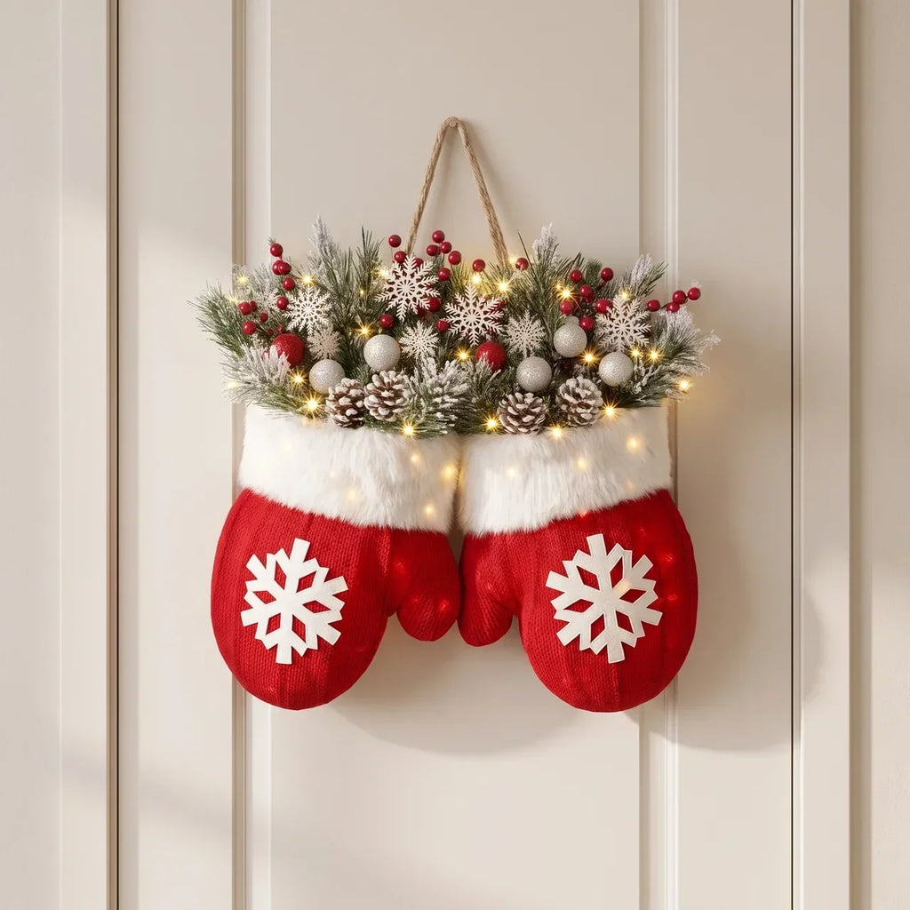 Mitten Shaped Christmas Door Hanger LED Frosted Greenery