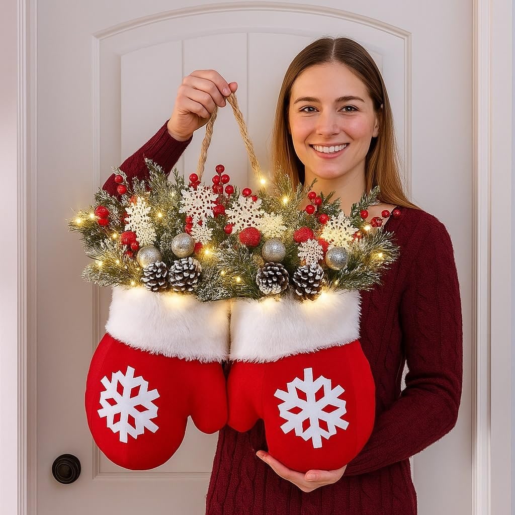 Mitten Shaped Christmas Door Hanger LED Frosted Greenery - Image 2