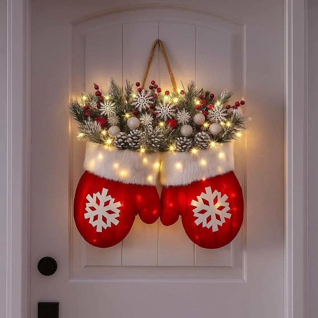 Mitten Shaped Christmas Door Hanger LED Frosted Greenery - Image 3