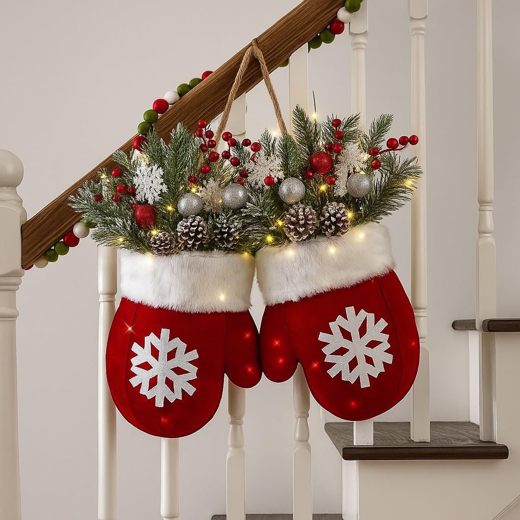 Mitten Shaped Christmas Door Hanger LED Frosted Greenery - Image 5