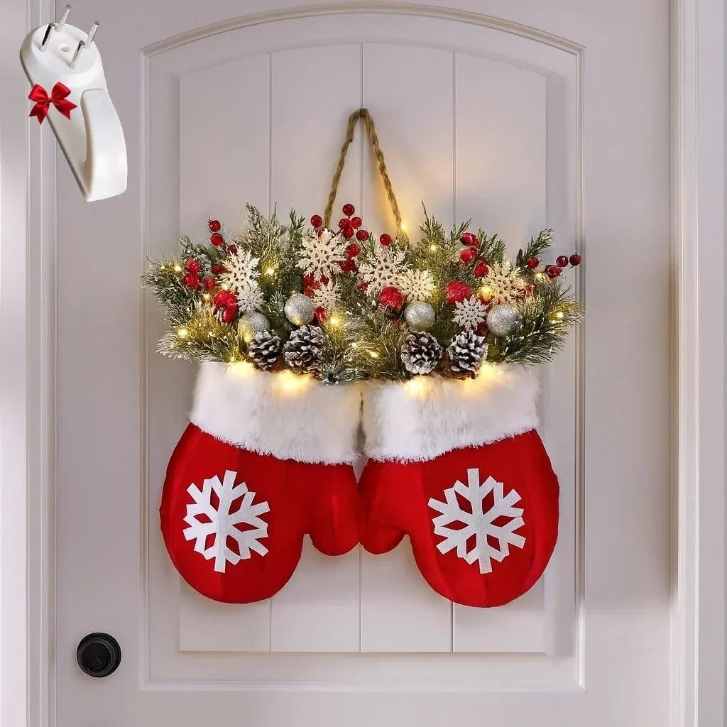Mitten Shaped Christmas Door Hanger LED Frosted Greenery - Image 6