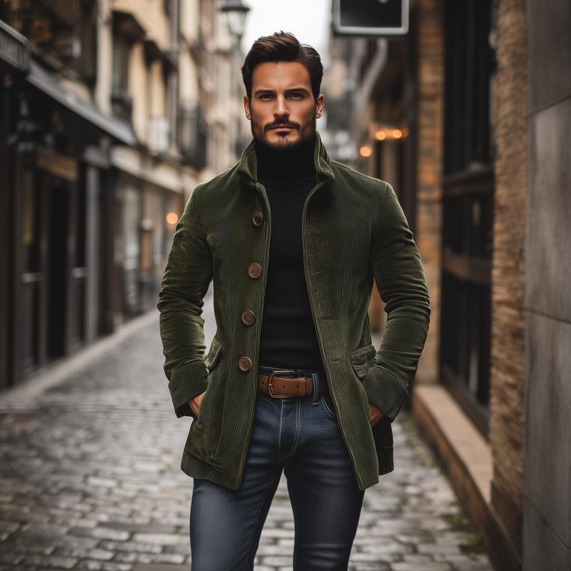 Men's Rugged Warm Outdoor Corduroy Coat with Stand-Up Collar and Side Pockets