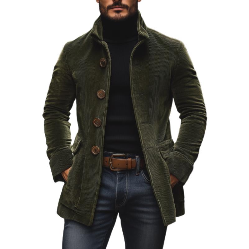 Men's Rugged Warm Outdoor Corduroy Coat with Stand-Up Collar and Side Pockets