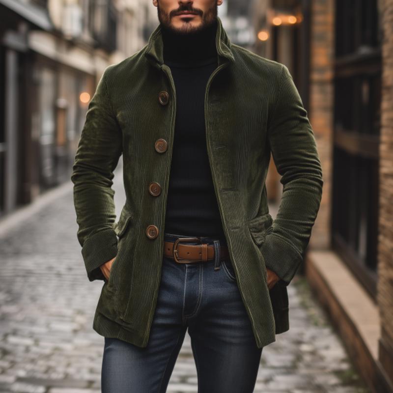 Men's Rugged Warm Outdoor Corduroy Coat with Stand-Up Collar and Side Pockets