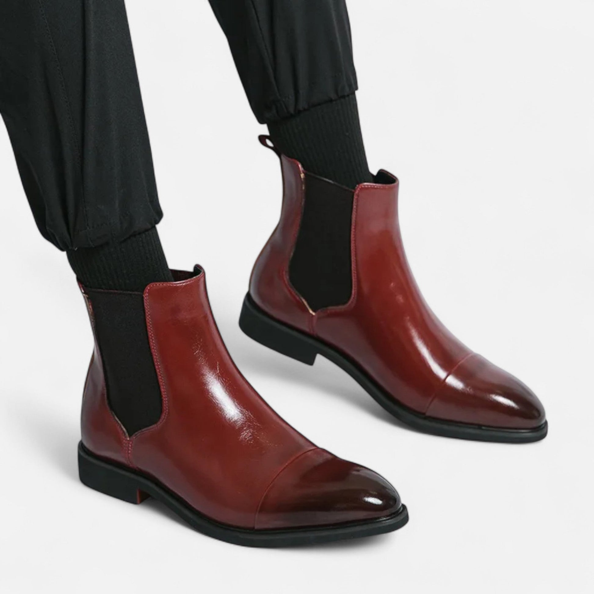 Men’s Classic Fashion Outdoor Boots in Polished Black with Red Sole
