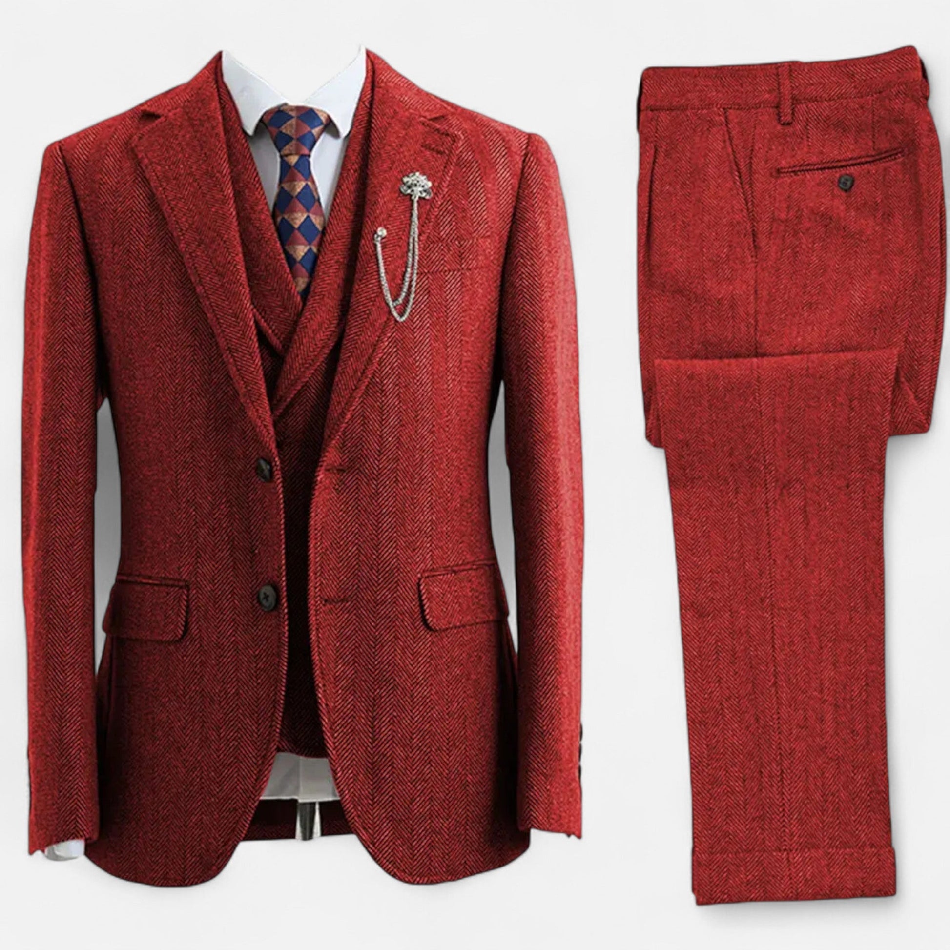 Men’s Exquisite Sleek Three-Piece Tweed Herringbone Suit