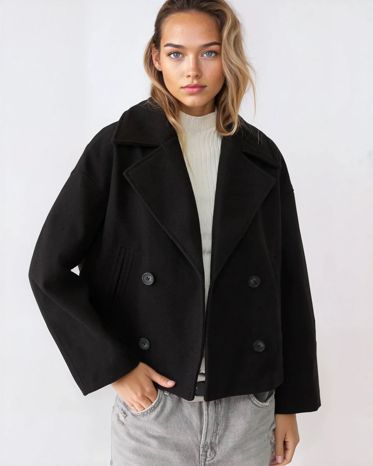 Veste chaude flatteuse à larges revers pour l’hiver pour femme