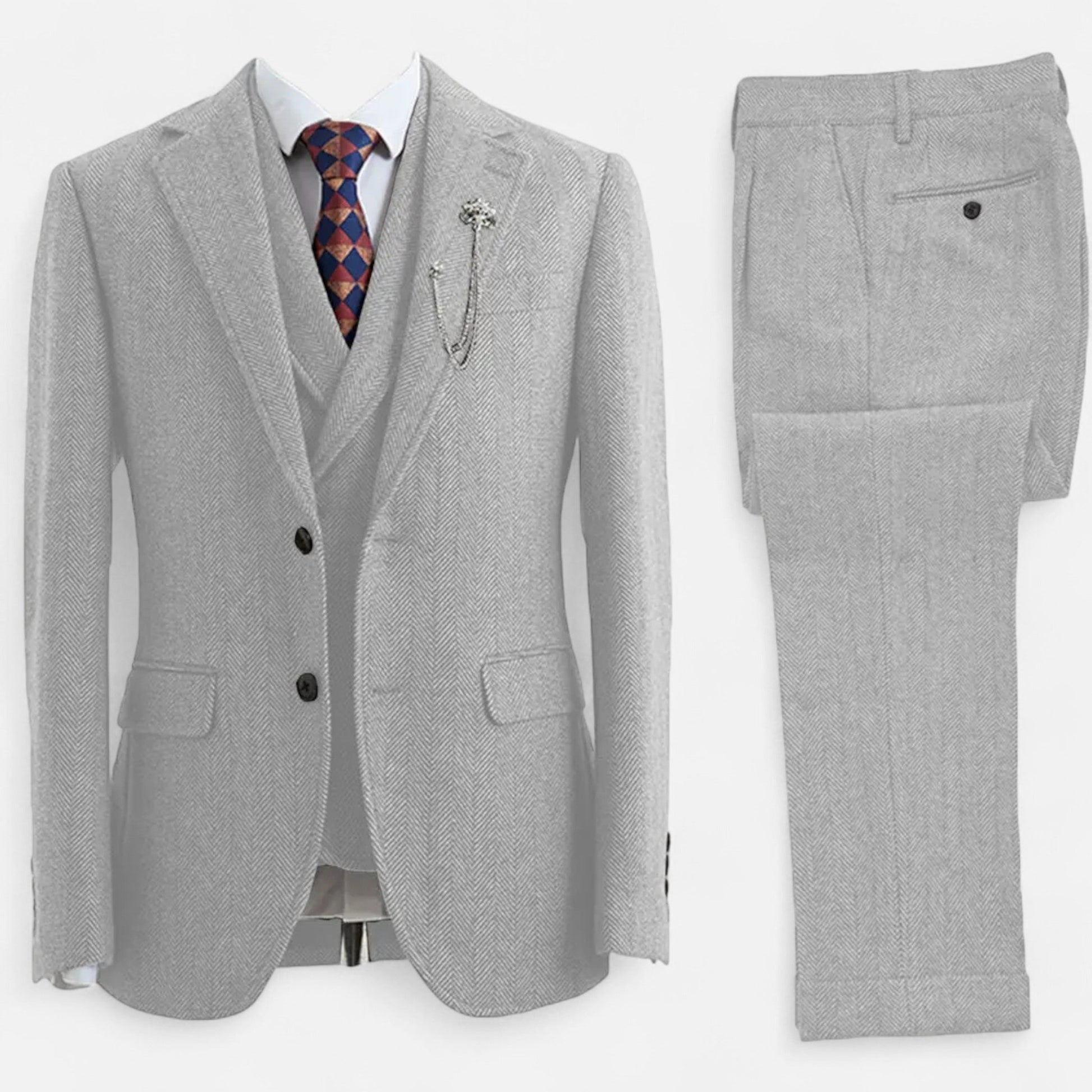 Men’s Exquisite Sleek Three-Piece Tweed Herringbone Suit