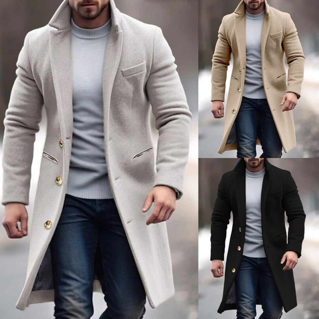 Men's Winter Buttons Slim Fit Long Coat with Practical Pockets