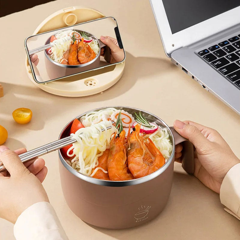 Stainless Steel Ramen Bowl Drain Lid Insulated Anti-Scald Handle 1200ml - Image 4