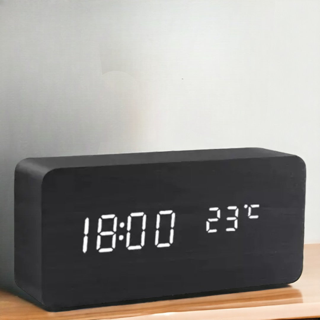 Digital Alarm Clock LED Wood Voice Control Temperature Display Bedside - Image 2