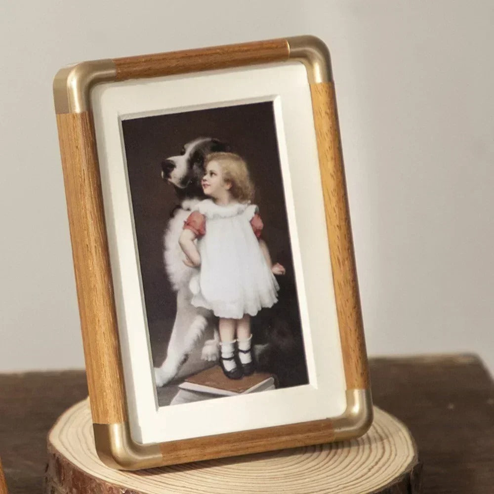 Tabletop Photo Frame Vintage Wood Brass Freestanding Desk Decor - Image 4