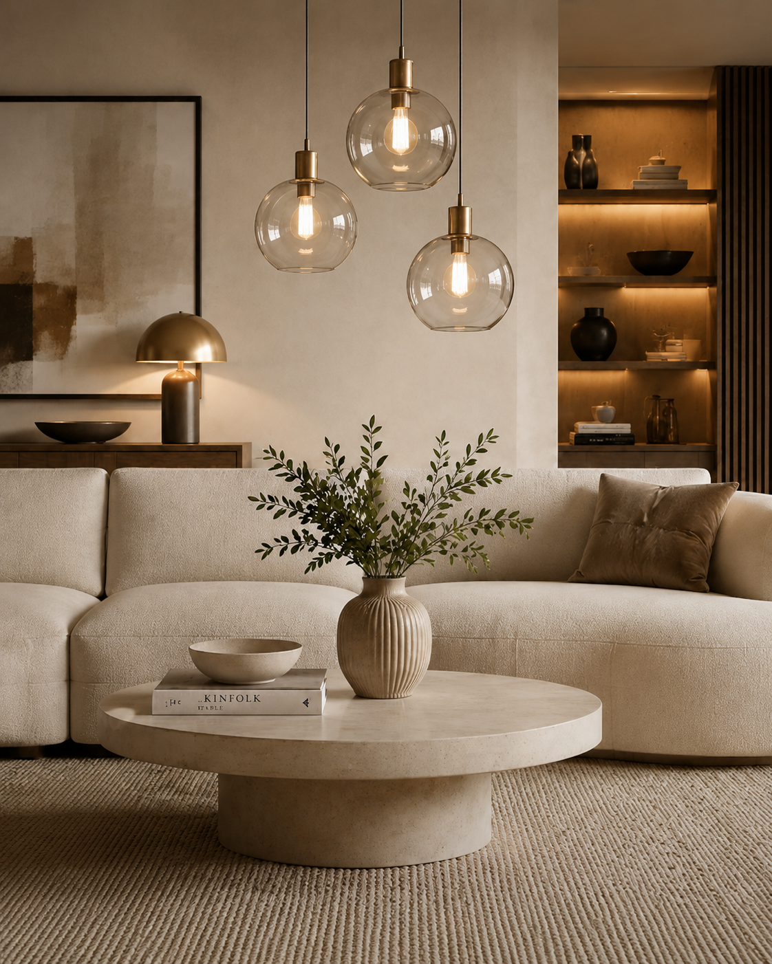 Glass globe pendant lights above a cream sofa and round stone coffee table.