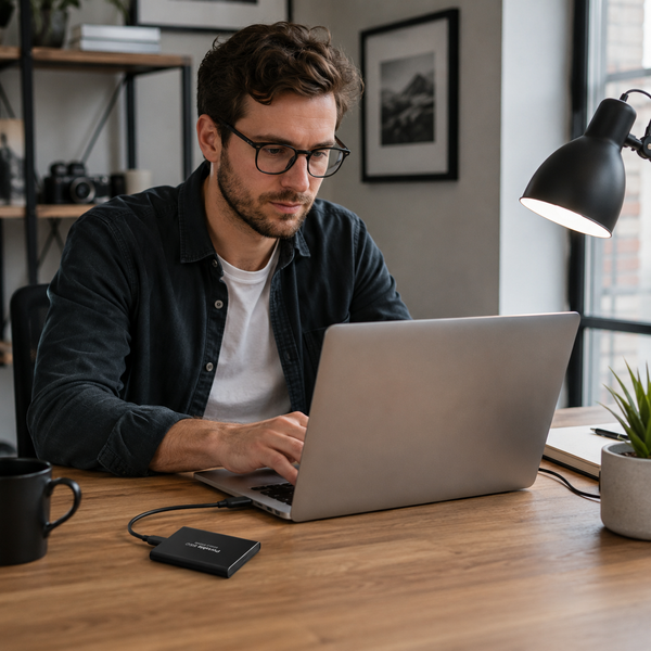 Man using a laptop with an external storage drive on a wooden desk.