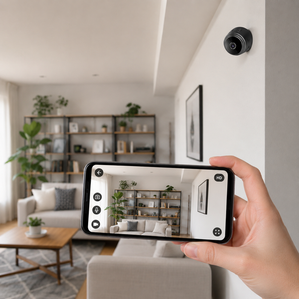 Smartphone displaying a living-room camera feed beneath a wall-mounted camera.