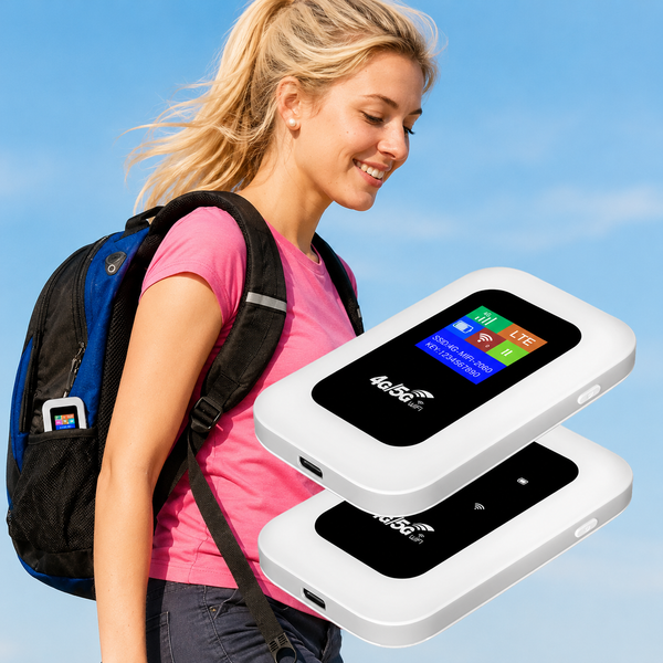 Portable 4G LTE hotspot devices beside a woman carrying a backpack outdoors.