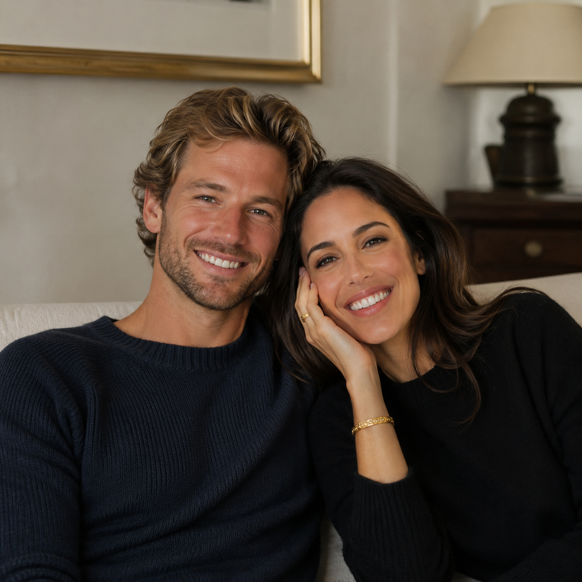 Smiling couple seated together on a sofa.