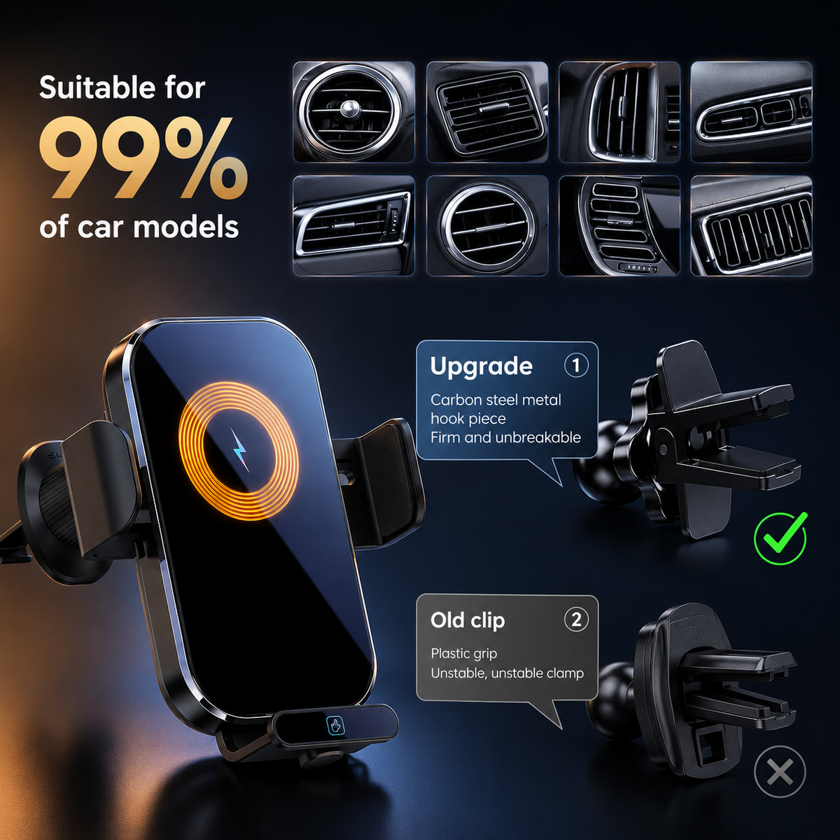 15W Wireless Car Charger Mount with Auto Clamp — product view 4