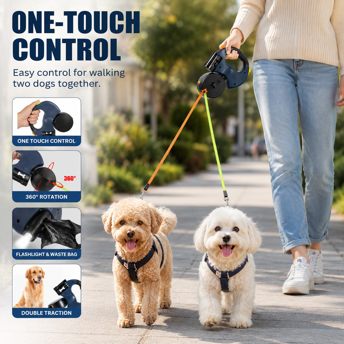 10FT Dual Retractable Dog Leash with Flashlight — product view 4