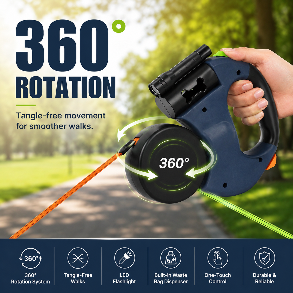 10FT Dual Retractable Dog Leash with Flashlight — product view 7