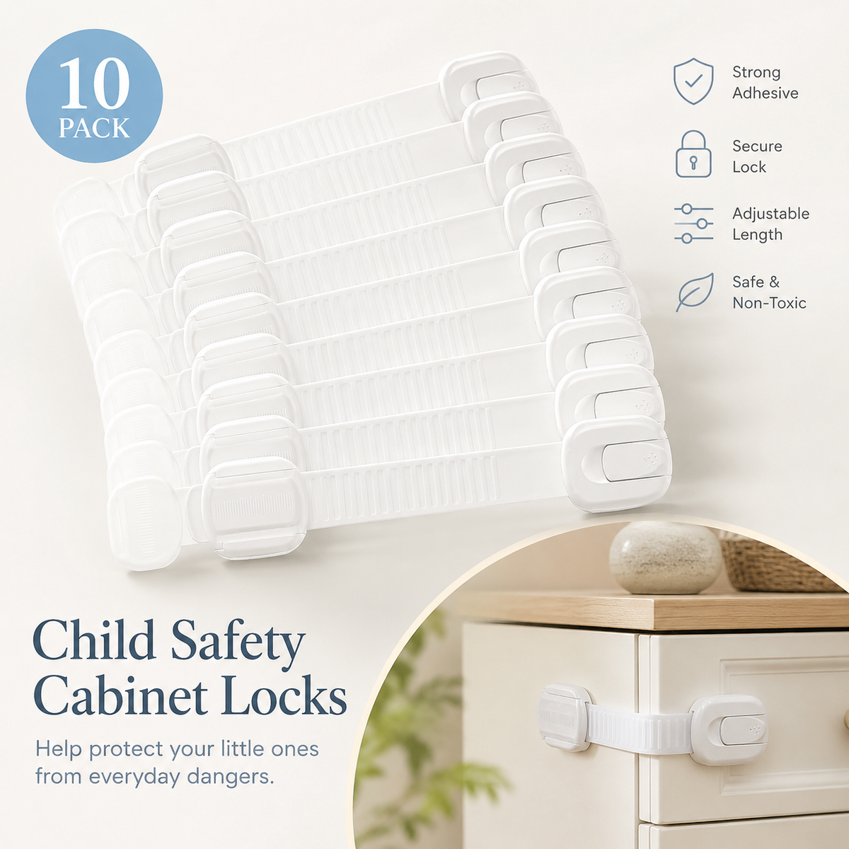 10-Pack Baby Proof Cabinet Locks with Adhesive Straps — product view 2