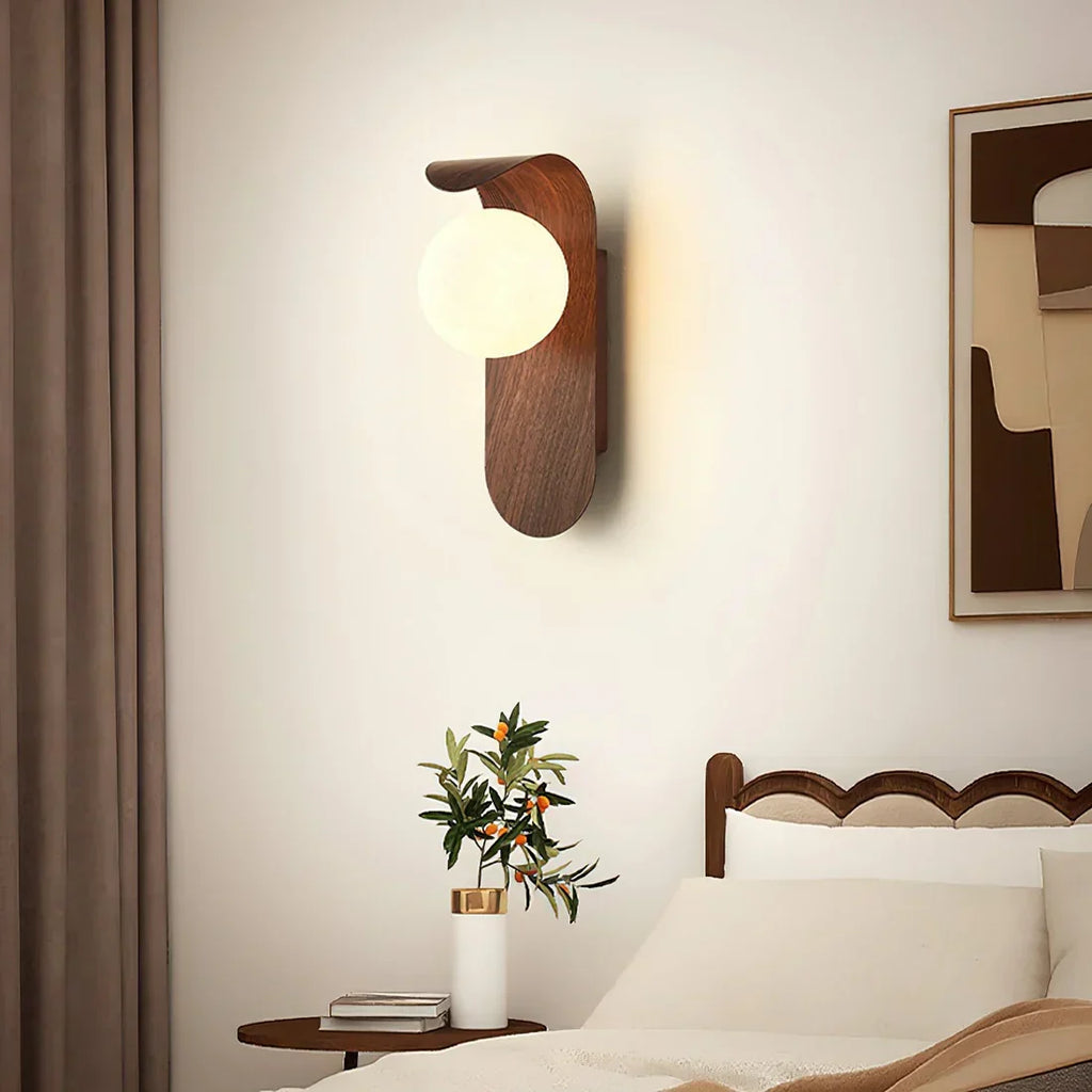 Modern Wood Effect LED Wall Light with Round Globe Shade — product view 1