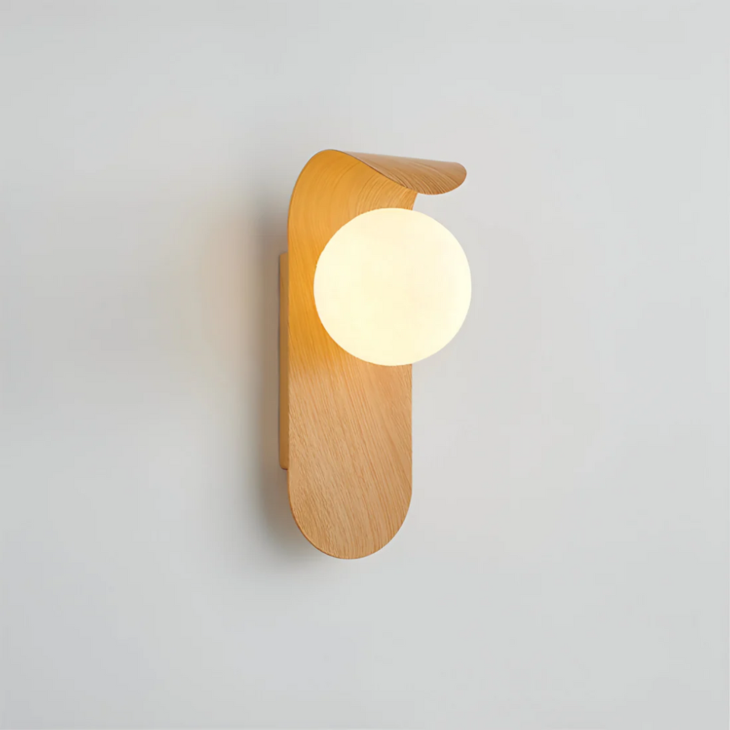 Modern Wood Effect LED Wall Light with Round Globe Shade — product view 2