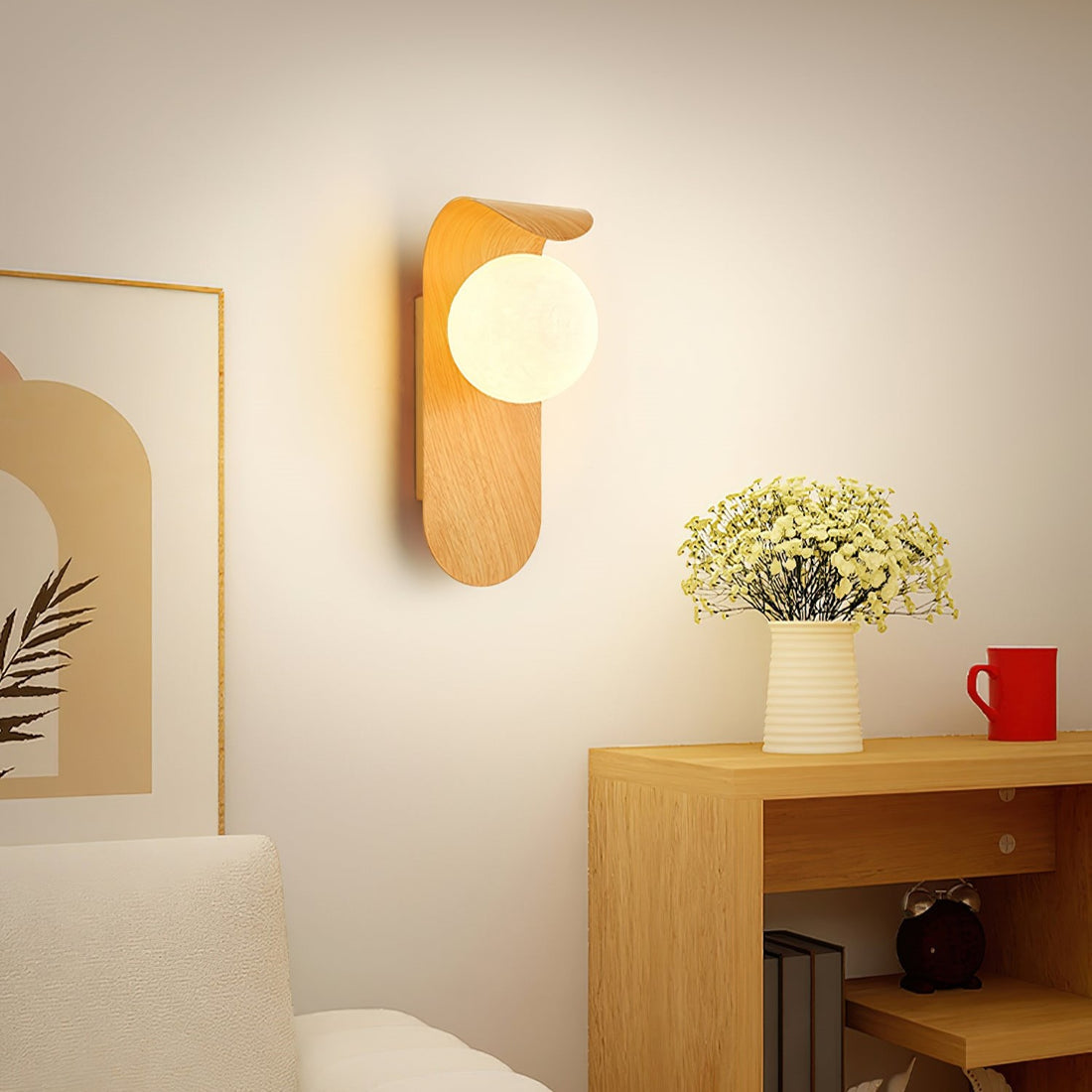 Modern Wood Effect LED Wall Light with Round Globe Shade — product view 3