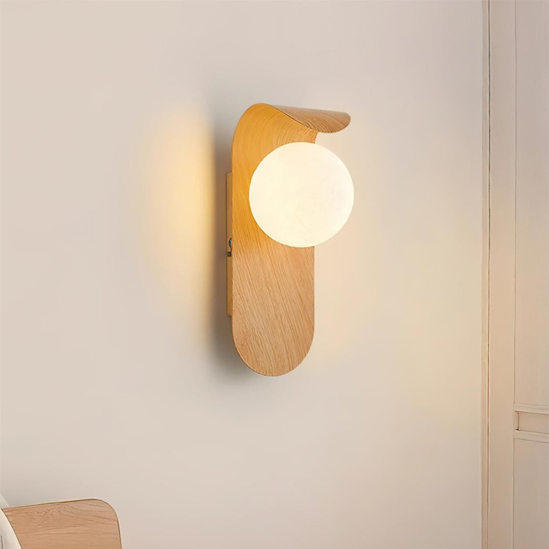 Modern Wood Effect LED Wall Light with Round Globe Shade — product view 9