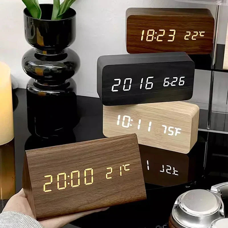 Digital Alarm Clock LED Wood Voice Control Temperature Display Bedside — product view 1