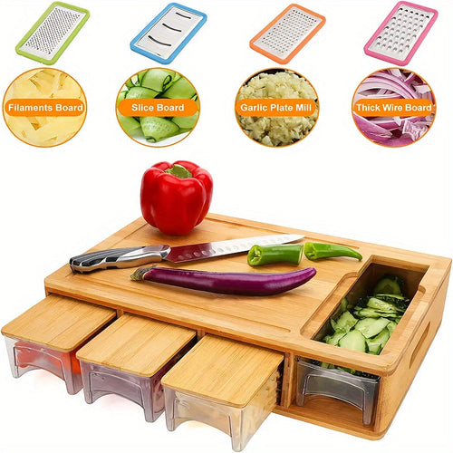 Bamboo Cutting Board Storage Trays Graters Kitchen Prep Station — product view 1