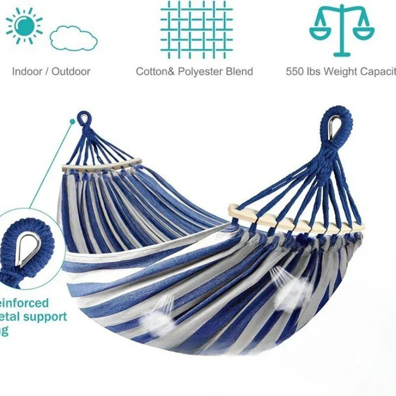 Double Hammock Canvas Swing Bed Wooden Spreader Bars Camping Outdoor — product view 3