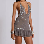 Backless Halter Mini Dress Deep V Neck Ruffle Cocktail Going Out — product view 1