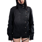 Washed Vintage Jacket Stand Collar Loose Fit Streetwear Button Front Black — product view 1