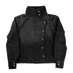 Washed Vintage Jacket Stand Collar Loose Fit Streetwear Button Front Black — product view 2