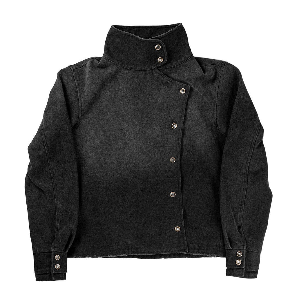 Washed Vintage Jacket Stand Collar Loose Fit Streetwear Button Front Black — product view 5