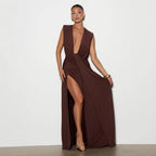 Deep V Neck Ruched Bodycon Midi Dress Asymmetrical Hem Sleeveless — product view 3