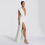 Deep V Neck Ruched Bodycon Midi Dress Asymmetrical Hem Sleeveless — product view 4