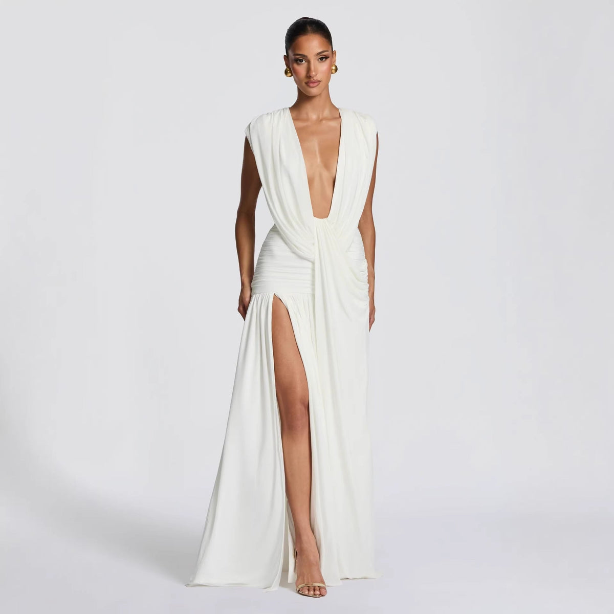 Deep V Neck Ruched Bodycon Midi Dress Asymmetrical Hem Sleeveless — product view 5