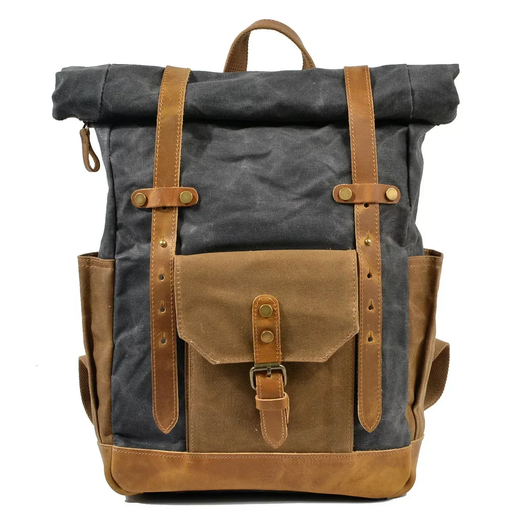 Sleek Military Vintage-inspire Roll-Top Canvas Laptop Backpack for Travel and Hiking — product view 1