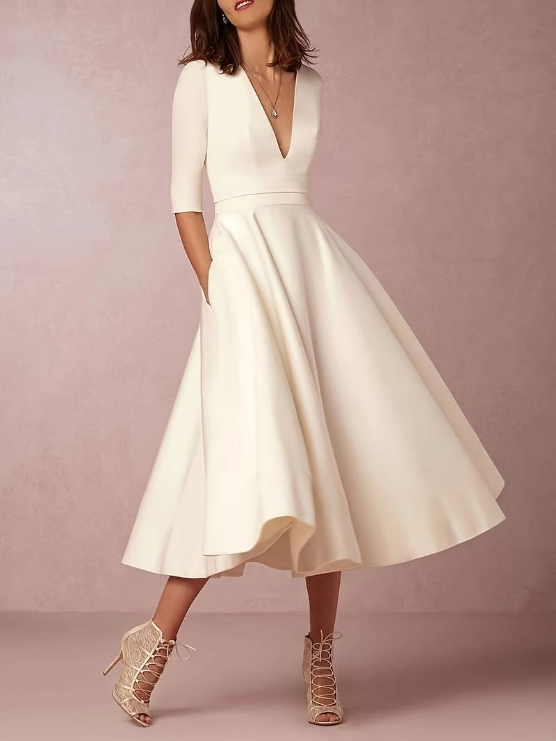 Trendy Flared Midi Celebration Wedding Guest Dress for Women — product view 4