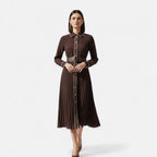 Women’s Elegant Belted Long Sleeves Chiffon Midi Dress with Turn-Down Collar — product view 3