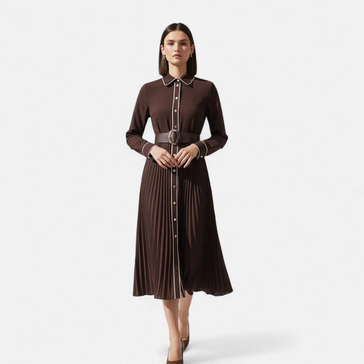 Women’s Elegant Belted Long Sleeves Chiffon Midi Dress with Turn-Down Collar — product view 3