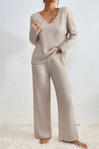 Women’s Cosy Knitted Loungewear Set with V-neck Top and Wide-Leg Trousers — product view 2