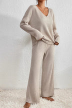 Women’s Cosy Knitted Loungewear Set with V-neck Top and Wide-Leg Trousers — product view 3