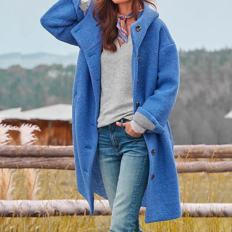 Classic Women's Button Long Hood Coat with Turn Down Collar — product view 2