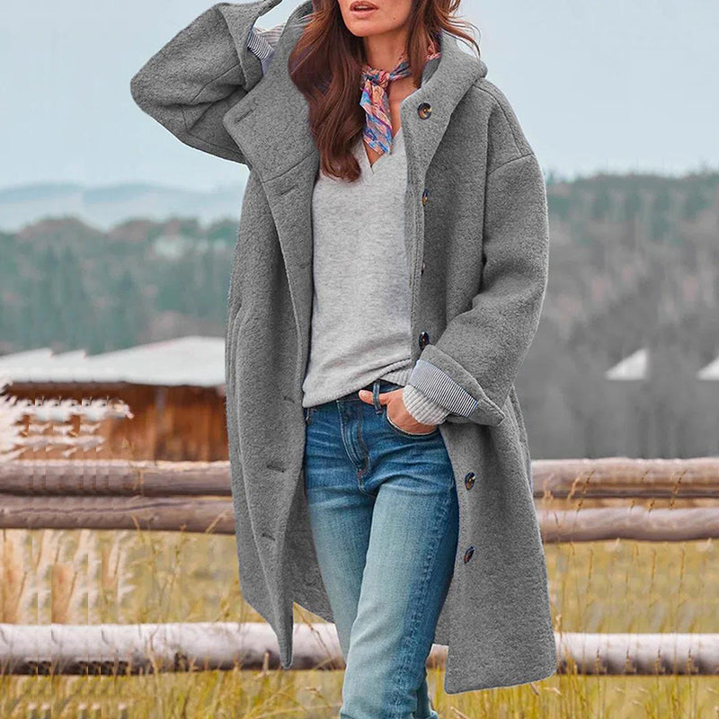 Classic Women's Button Long Hood Coat with Turn Down Collar — product view 4