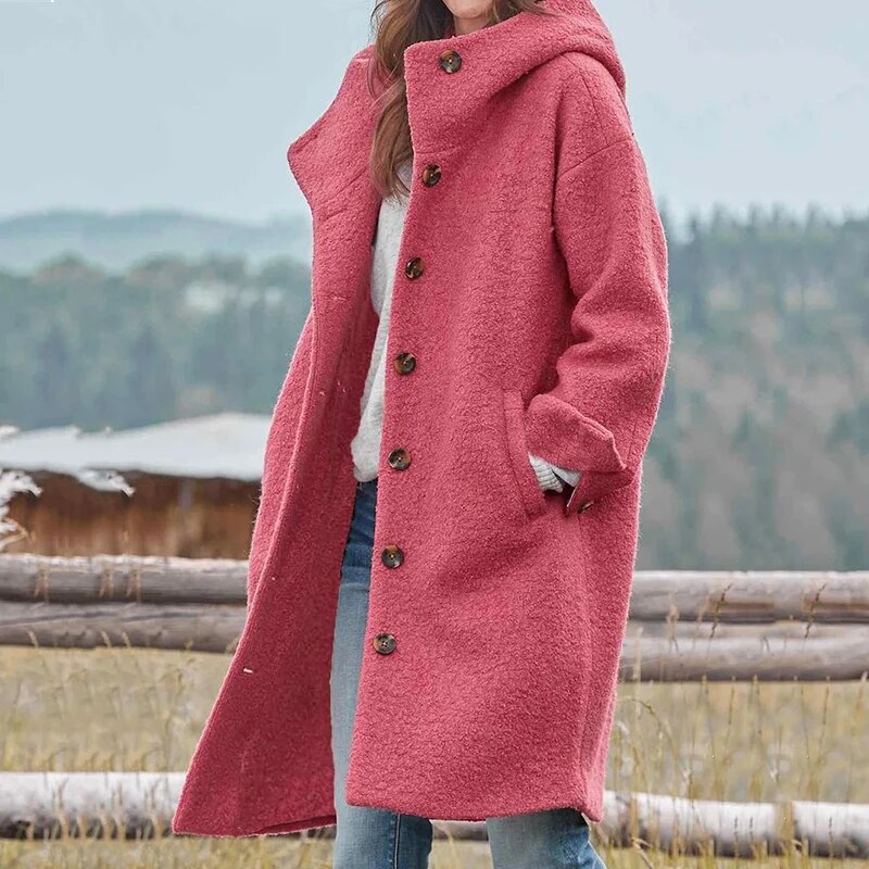 Classic Women's Button Long Hood Coat with Turn Down Collar — product view 5