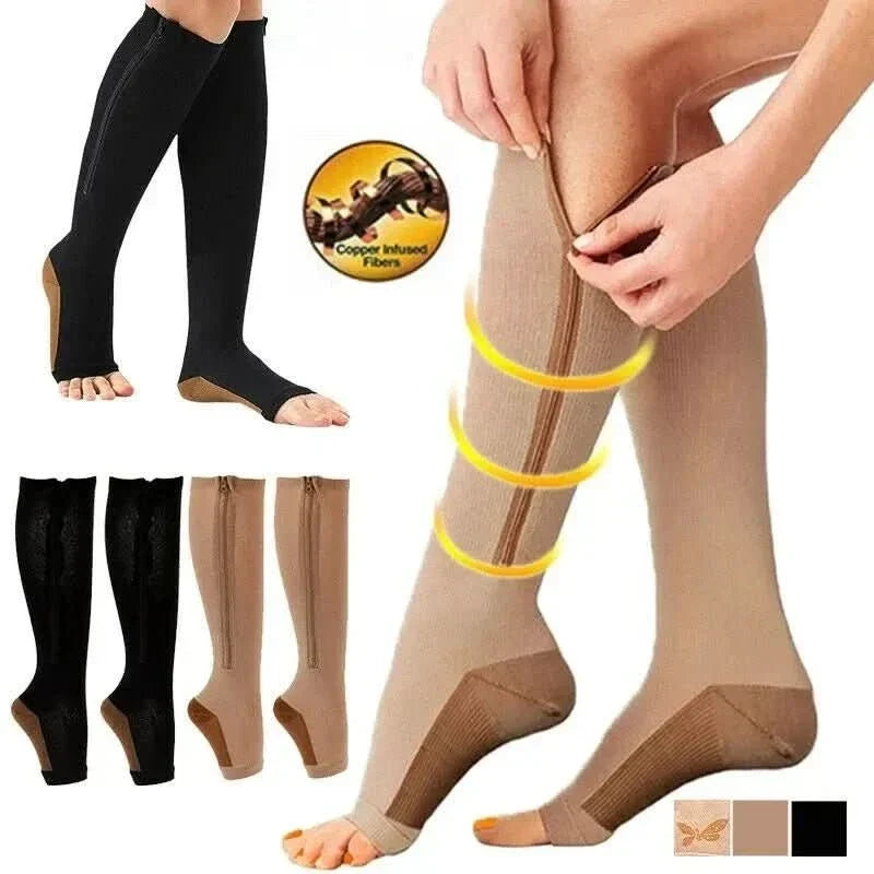 Open Toe Knee High Zipper Compression Socks Graduated Support - Image 8